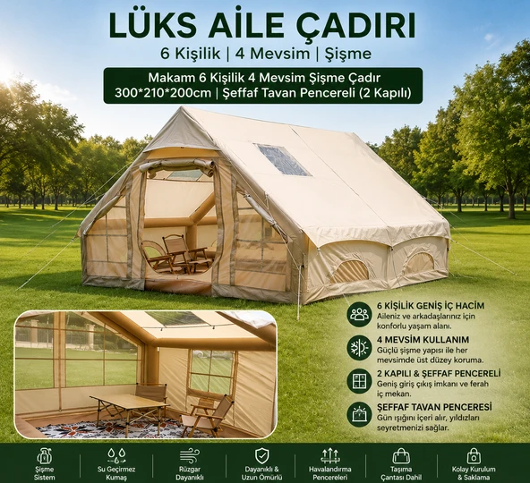 6 Kişilik 4 Mevsim Şişme Çadır - 300x210x200 cm Şeffaf Tavanlı 2 Kapılı ürün görseli 1