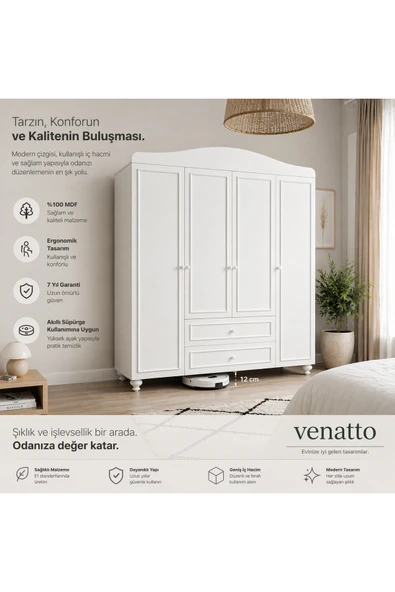 VENATTO Sandy 4 Kapılı Dolap/gardırop (%100MDF) SOFT MAT BEYAZ ürün görseli 1