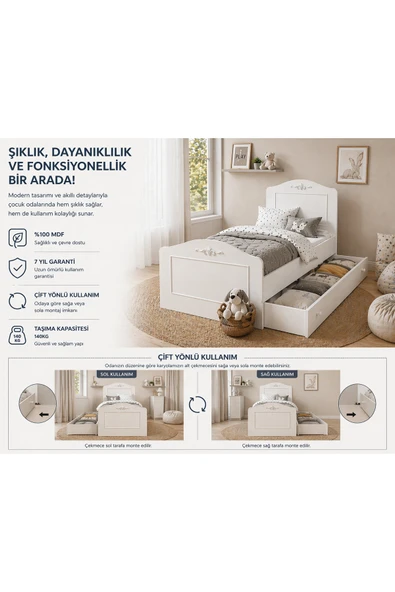 VENATTO Romantic Yavrulu Karyola (90X190)%100mdf Üretimi SOFT MAT BEYAZ ürün görseli 1
