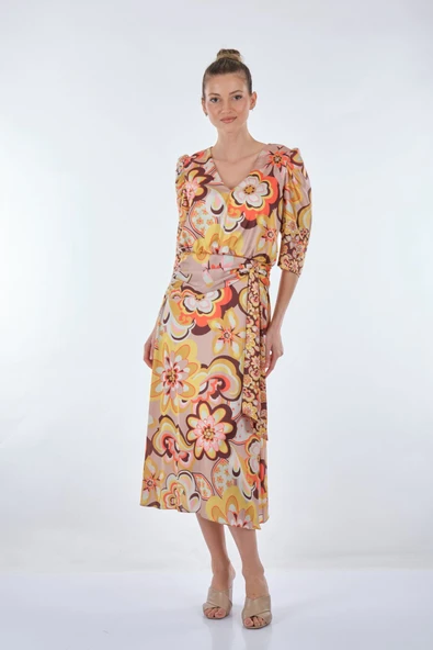 Explosion Midi V Yaka 3/4 Kol Çiçekli Elbise - Vintage Tarz ürün görseli 1