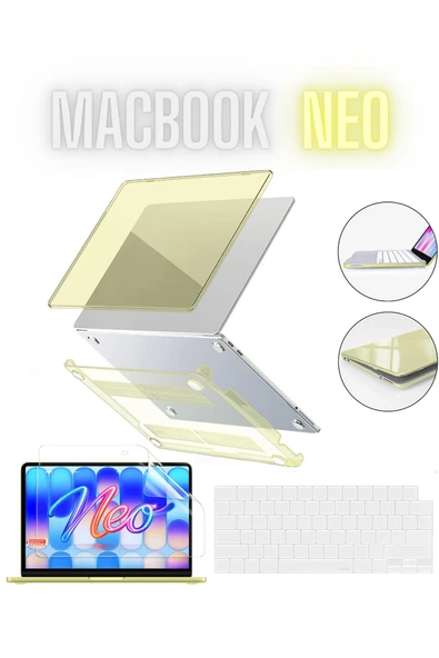 Macbook Neo 13 inç A3404 Uyumlu Şeffaf Kılıf Ekran ve Klavye Koruyucu Set Kristal Parlak Kapak  SARI ürün görseli 1