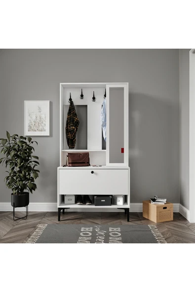 VENATTO VALENTİN WOOD TARZ RAFLI,AYNALI PORTMANTO/AYAKKABILIK/VESTİYER(%100MDF) Beyaz ürün görseli 1