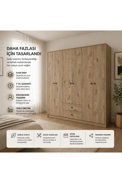 VENATTO Diamont 6 Kapaklı ,2 Çekmeceli Dolap(%100MDF) MEŞE ürün görseli 1