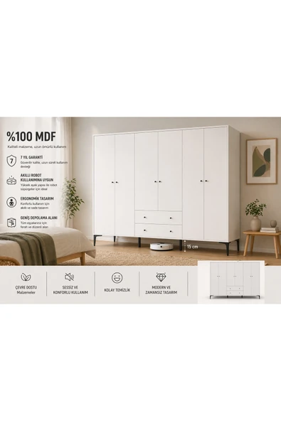 VENATTO Focus 6 Kapılı,2 Çekmeceli,10 Raf Bölmeli Gardırop/ Dolap R:beyaz (%100MDF) BEYAZ ürün görseli 1