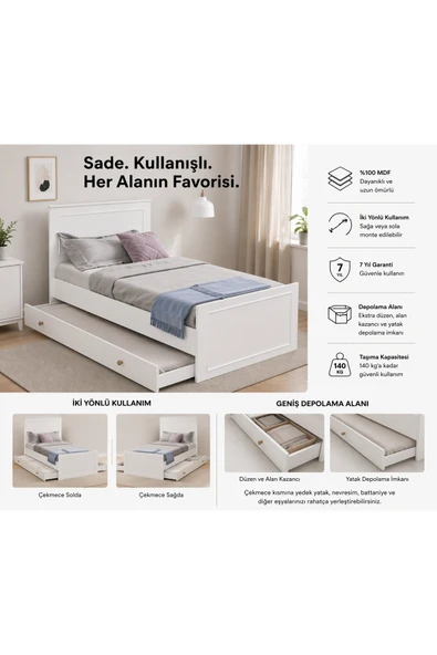 VENATTO madrid yavru yataklı,depolama alanlı karyola (%100mdf) Beyaz ürün görseli 1