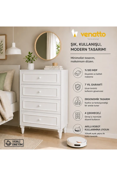 VENATTO Romantic 4 Çek,avangart,beyaz Şifonyer(%100MDF) BEYAZ ürün görseli 1