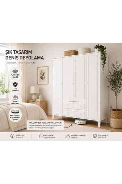 VENATTO madrid 4 kapaklı ,10 raflı,2 çekmeceli avangart dolap/gardırop (%100mdf) Beyaz ürün görseli 1