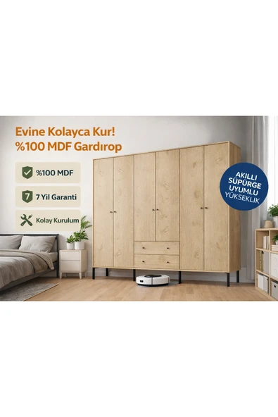 VENATTO Focus 6 Kapılı,2 Çekmeceli,10 Raf Bölmeli Gardırop/ Dolap R: Meşe (%100MDF) MEŞE ürün görseli 1
