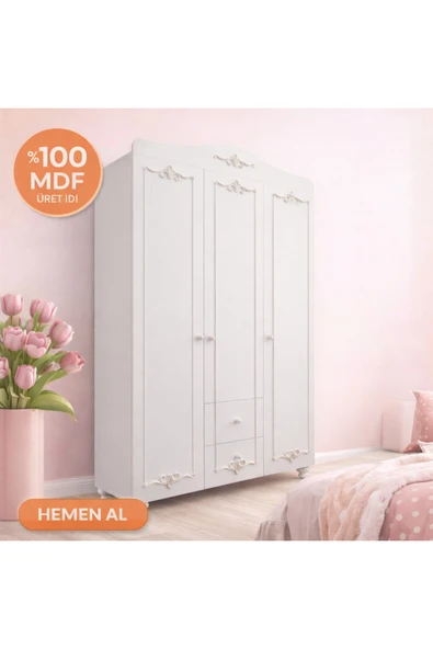 VENATTO Romantic 3 Kapılı, 2 Çekmeceli, Avangart Dolap/gardırop(%100MDF) SOFT LAKE BEYAZ ürün görseli 1