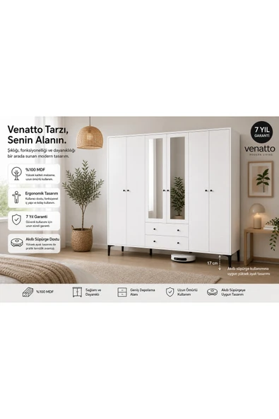 VENATTO Focus 6 Kapılı Aynalı Dolap (%100MDF) BEYAZ ürün görseli 1