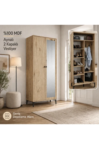 VENATTO Massimo Tarz 2 Kapılı,aynalı Portmanto/ayakkabılık (%100MDF) MEŞE ürün görseli 1