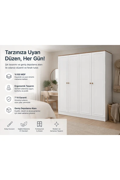 VENATTO Smart 4 Kapılı Dolap (%100MDF) BEYAZ ürün görseli 1