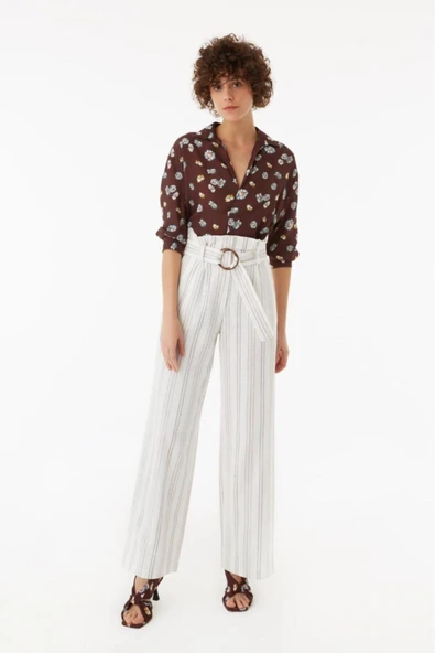 Exquise Yüksek Bel Geniş Paça Çizgili Keten Pantolon - Minimalist Stil ürün görseli 1