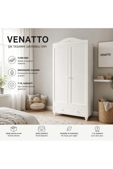 VENATTO Romantik 2 Kapılı Dolap (%100MDF) SOFT MAT BEYAZ ürün görseli 1