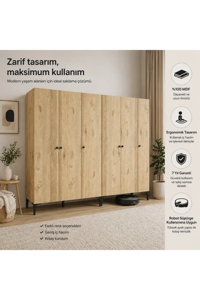 VENATTO FREE 6 KAPAKLI,12 RAFLI 2 ASKILI AYRI MODÜL KULLANIMINA UYGUN DOLAP/GARDIROP (%100MDF) LEFKAS MEŞE ürün görseli 1