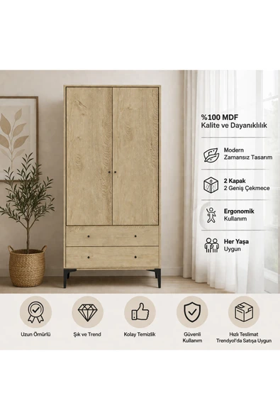 VENATTO Massimo 2 Kapaklı,7 Raflı.sık Askılıklı Ayakkabılık/vestiyer/portmanto (%100MDF) lefkas meşe ürün görseli 1