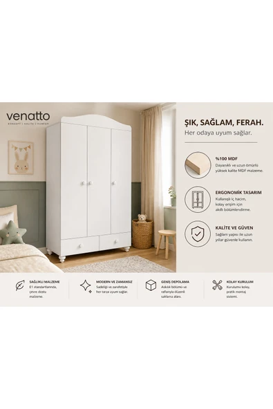 VENATTO Almina 3 Kapaklı Dolap (%100MDF) SOFT MAT BEYAZ ürün görseli 1