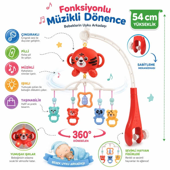 Pilli Müzikli Dönence - 360 Dönebilen - Sabitlemeli Çıngıraklı Dönence - Bebek Uyku Arkadaşı Beşik Oyuncağı ürün görseli 1