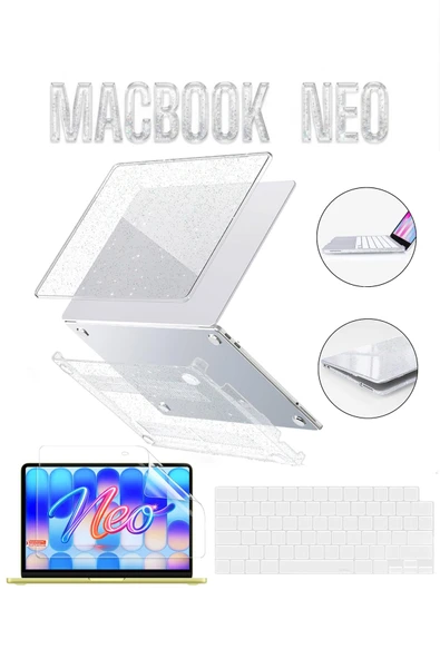 Macbook Neo 13 inç A3404 Uyumlu Şeffaf Kılıf Ekran ve Klavye Koruyucu Set Kristal Parlak Kapak  SİMLİ ürün görseli 1