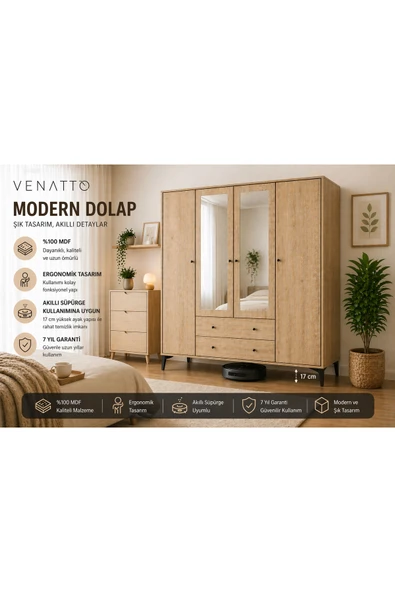 VENATTO Focus 4 Kapılı, 2 Çekmeceli Aynalı Dolap (MEŞE) (%100MDF) MEŞE ürün görseli 1