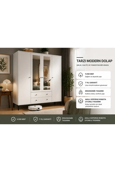 VENATTO Focus 4 Kapılı, 2 Çekmeceli Aynalı Dolap (BEYAZ) (%100MDF) BEYAZ ürün görseli 1