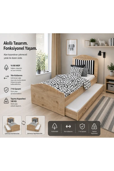VENATTO Romantic Yavrulu Karyola (MEŞE) (100X200) (%100MDF) MEŞE ÇİZGİLİ KUMAŞ ürün görseli 1