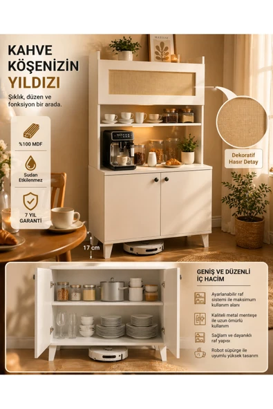VENATTO Truva hasırlı kahve köşesi,erzak dolabı,kiler dolabı çok amaçlı mutfak dolabı(%100mdf) Beyaz ürün görseli 1