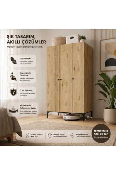 VENATTO FREE 3 KAPAKLI,6 RAFLI, 1 ASKILI DOLAP/GARDIROP (%100MDF) LEFKAS MEŞE ürün görseli 1