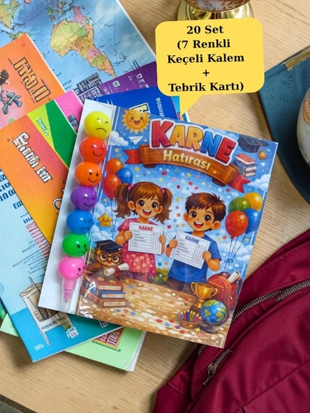 Karne Hediyesi 20 Set Renkli Keçeli Kalem ve Tebrik Kartı ürün görseli 1