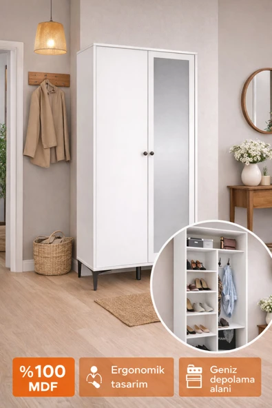 VENATTO massimo aynalı,2 kapaklı portmanto/ayakkabılık/vestiyer(%100mdf) Beyaz ürün görseli 1