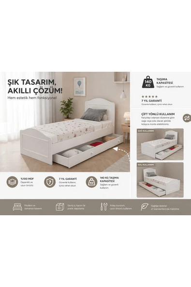 VENATTO Montes Yavrulu Karyola (100X200) (%100MDF) beyaz ürün görseli 1