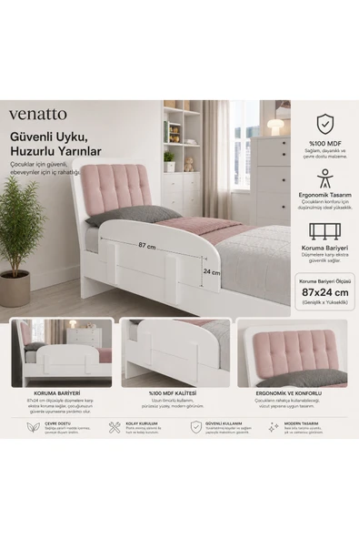 VENATTO Romantic ,trio 18mm kalınlığa uyumlu MDF karyola korkuluk(87cmx24cm)çocuk güvenlik bariyeri(%100MDF) Beyaz ürün görseli 1