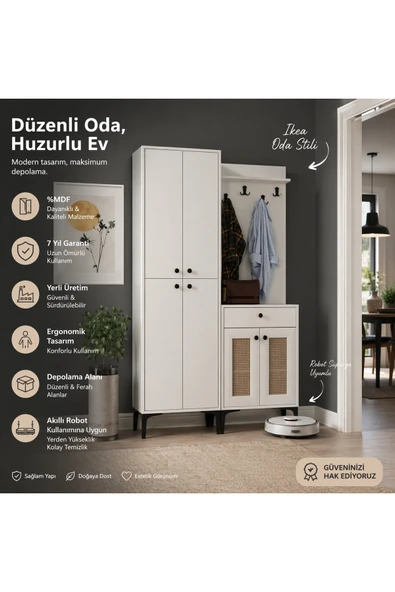 VENATTO Paris Hasırlı Portmanto/vestiyer/ayakkabılık (%100MDF) BEYAZ ürün görseli 1