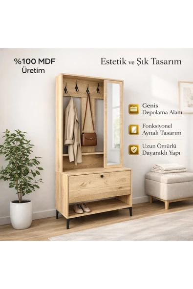 VENATTO VALENTİN WOOD TARZ RAFLI,AYNALI PORTMANTO/AYAKKABILIK/VESTİYER(%100MDF) LEFKAS MEŞE ürün görseli 1