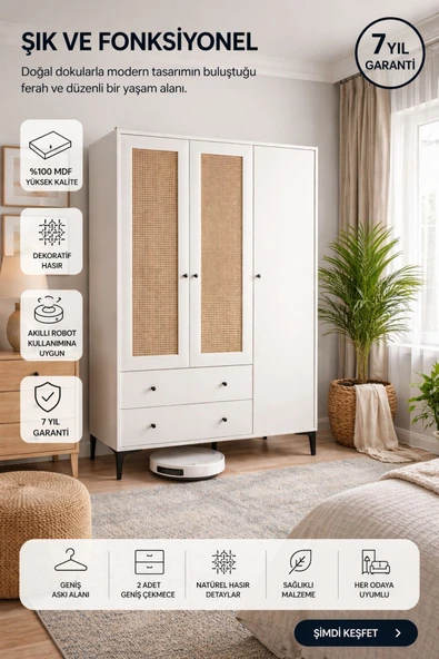 VENATTO Trio 3 Kapılı Dolap (%100MDF) BEYAZ ürün görseli 1