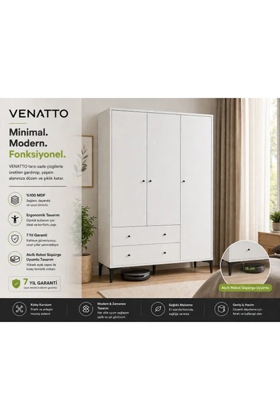 VENATTO Focus 3 Kapılı Dolap/gardırop Beyaz (%100MDF) BEYAZ ürün görseli 1