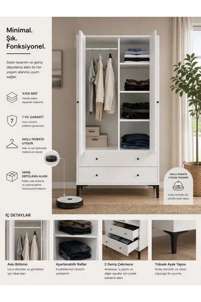 VENATTO Focus 2 Kapılı Dolap/gardırop Beyaz (%100MDF) BEYAZ ürün görseli 1