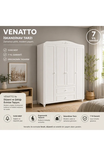 VENATTO Romantic 4 Kapılı, 2 Çekmeceli, Avangart Dolap/gardırop(%100MDF) beyaz motifsiz ürün görseli 1