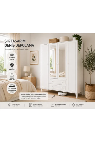 VENATTO madrid 4 kapaklı,aynalı,10 raflı,2 çekmeceli dolap/gardırop (%100mdf) Beyaz ürün görseli 1