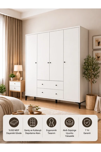 VENATTO Focus 4 Kapılı Dolap Beyaz (%100MDF) - 4 Kapılı, 2 Çekmeceli, Ayaklı Gardırop BEYAZ ürün görseli 1