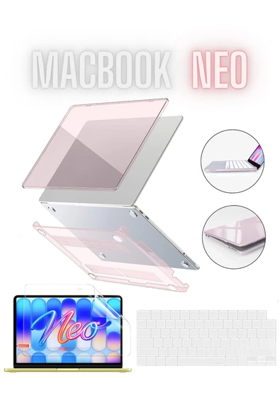 Macbook Neo 13 inç A3404 Uyumlu Şeffaf Kılıf Ekran ve Klavye Koruyucu Set Kristal Parlak Kapak  PEMBE ürün görseli 1