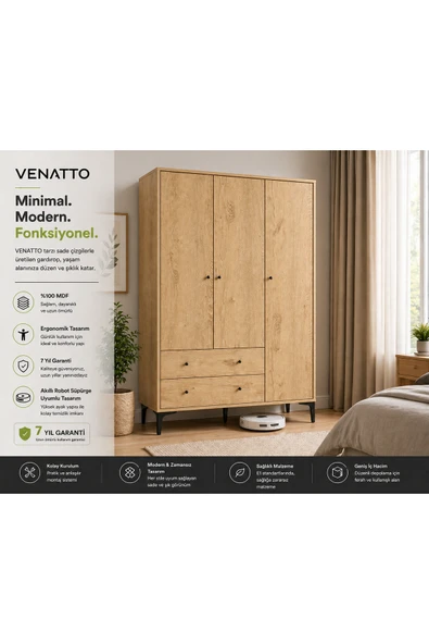 VENATTO Focus 3 Kapılı, 2 Çekmeceli Gardırop/dolap Meşe(%100MDF) MEŞE ürün görseli 1