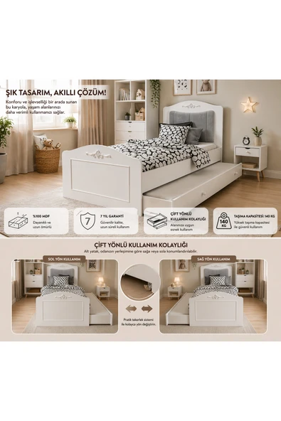 VENATTO ROMANTİC YAVRU YATAKLI KARYOLA EBAT:100X200(%100MDF) Beyaz ürün görseli 1