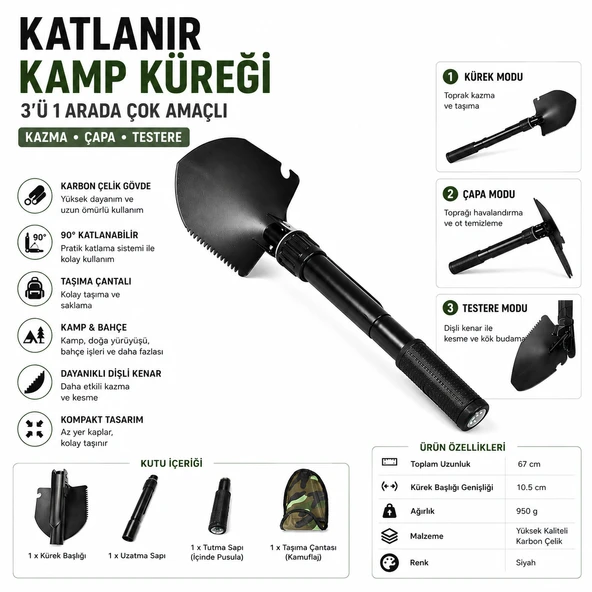 Katlanır Kamp Küreği 3’ü 1 Arada Çok Amaçlı Kazma Çapa Testere Çok Amaçlı El Aleti ürün görseli 1