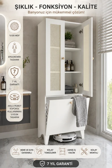 VENATTO napoli 2 kapaklı,hasırlı çok amaçlı kirli banyo dolabı (%100mdf) Beyaz ürün görseli 1