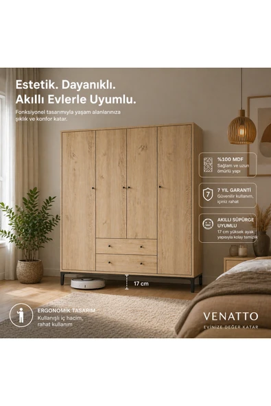 VENATTO Focus 4 Kapılı Dolap Meşe (%100MDF) - 4 Kapılı, 2 Çekmeceli, Ayaklı Gardırop MEŞE ürün görseli 1