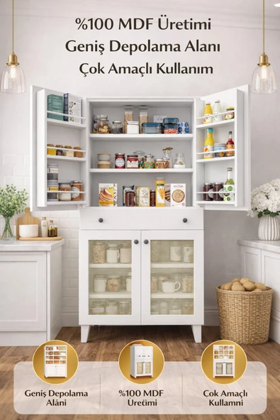 VENATTO Leo Erzak Dolabı,Kiler Dolabı,kahve köşe dolabı , mutfak çok amaçlı dolap (%100mdf) Beyaz ürün görseli 1