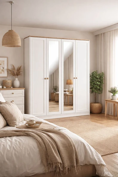 VENATTO Smart 4 Kapılı Aynalı Gardrop/ Dolap(%100MDF) BEYAZ-MEŞE ürün görseli 1