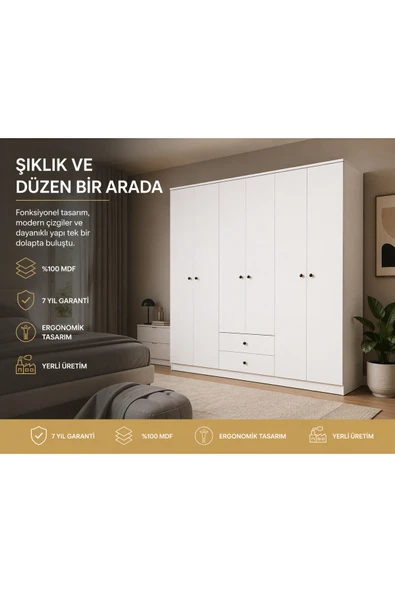 VENATTO Diamont 6 Kapaklı,2 Çekmeceli Dolap(%100MDF) BEYAZ ürün görseli 1