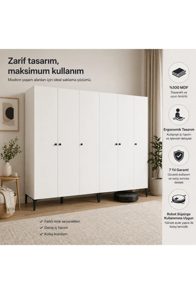 VENATTO FREE 6 KAPAKLI,12 RAFLI 2 ASKILI AYRI MODÜL KULLANIMINA UYGUN DOLAP/GARDIROP (%100MDF) Beyaz ürün görseli 1